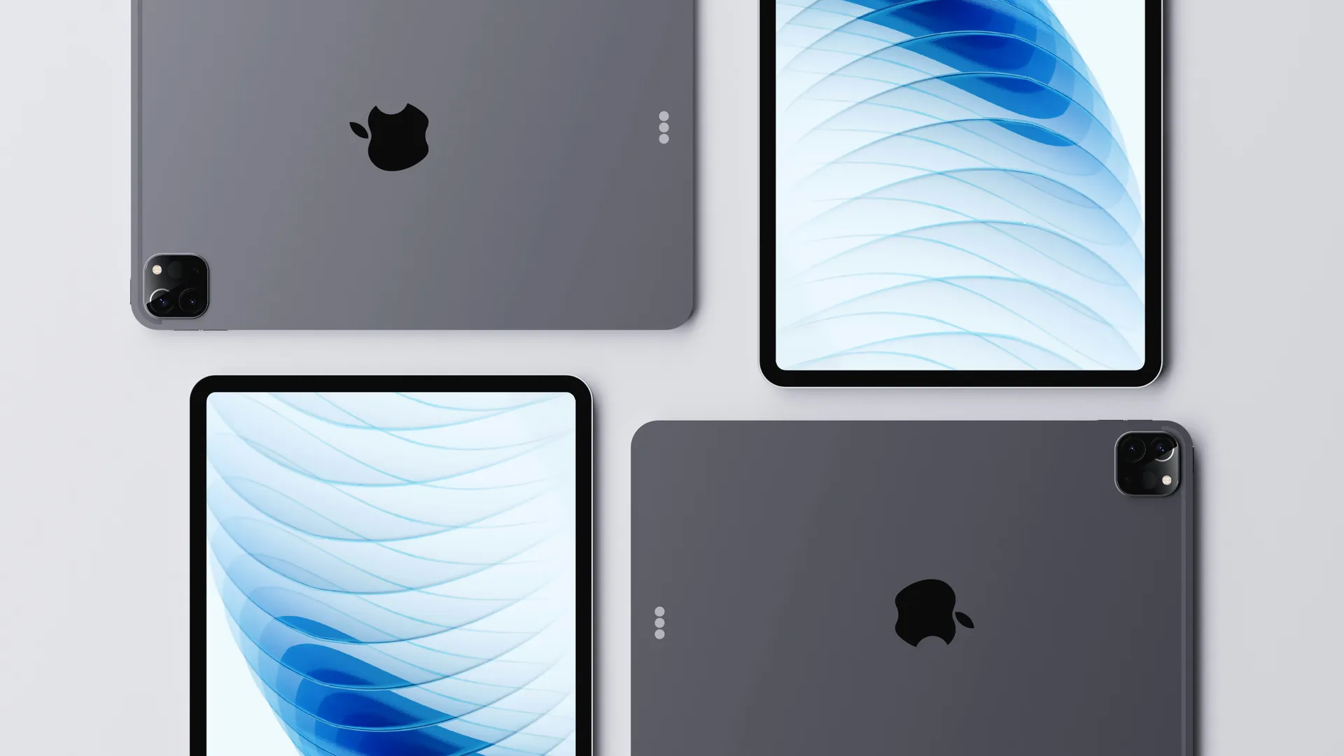 Quatro iPads vistos de cima, mostrando frente e traseira, conserto de iPad em Curitiba